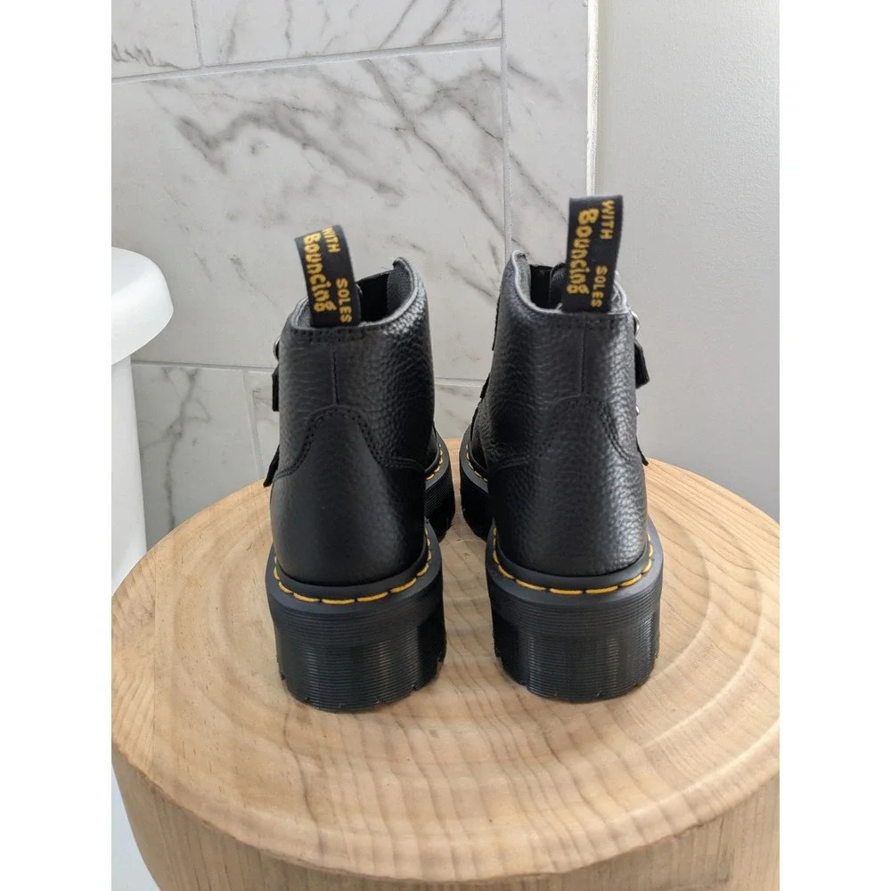 NWOB Dr Martens Black Leather Platform‎ Boots Buckle Devon Flower Chunky Soles
